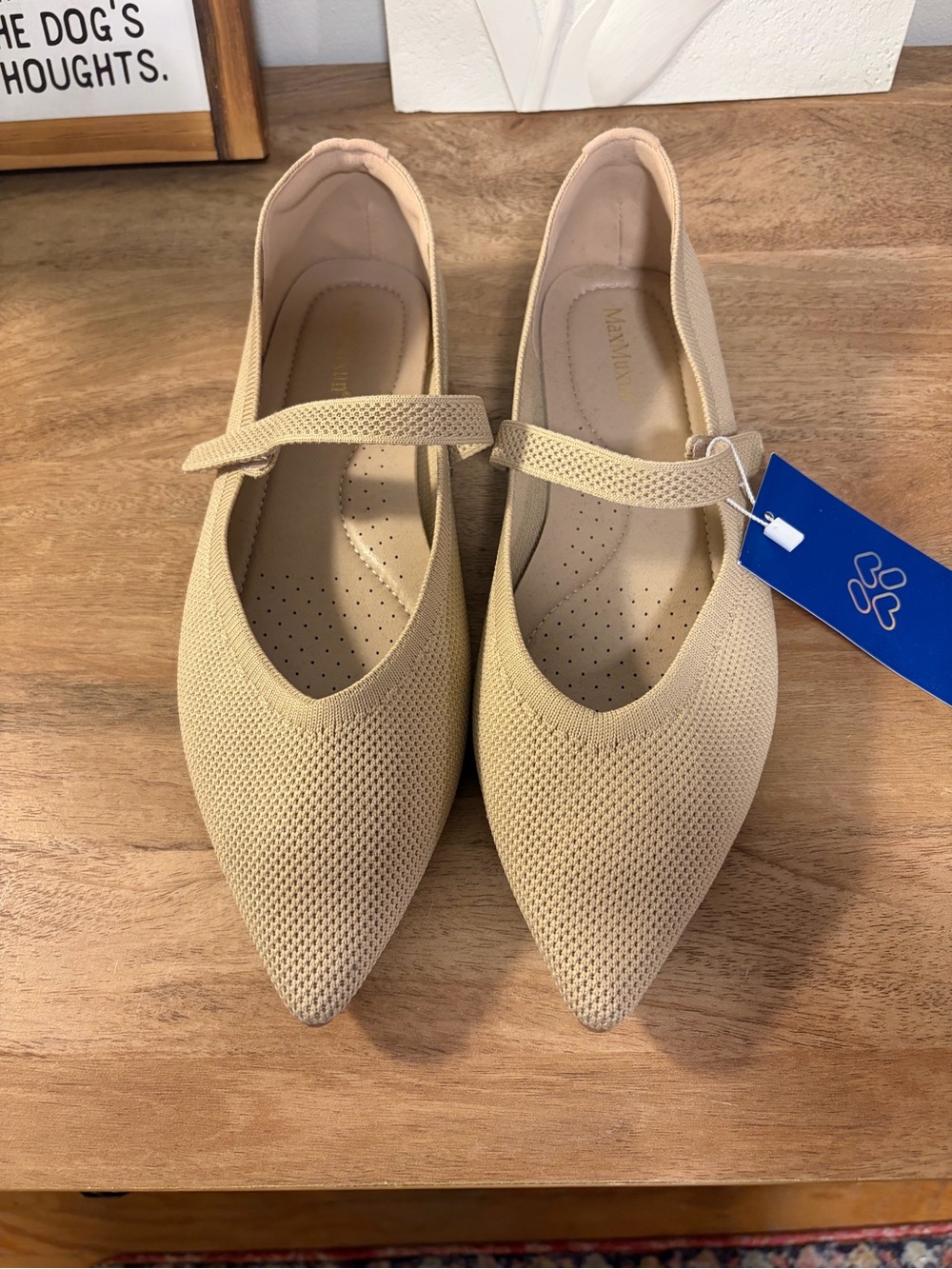 NWT MaxMuxun Knit Pointed Toe Mary Jane Flats Beige Size 11